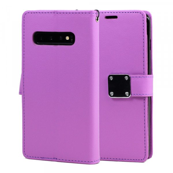 Wholesale Galaxy S10 Multi Pockets Folio Flip Leather Wallet Case with Strap (Purple)